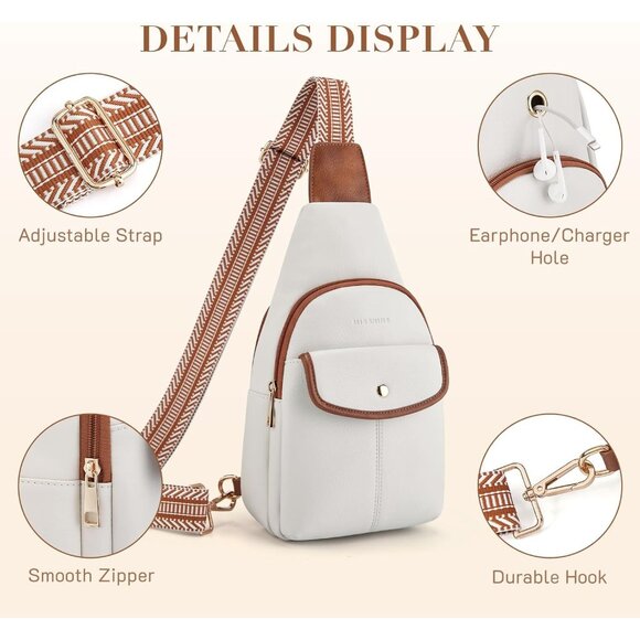 New Large Beige PU Leather Sling Bag Anti-theft Crossbody Travel Bag Purse - Picture 5 of 6